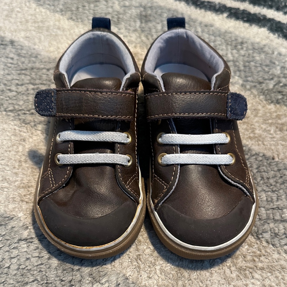 Kids Brown Leather-Look Casual Shoes with White Laces